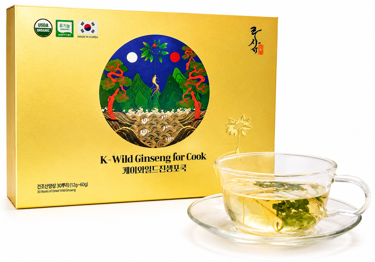 Hộp quà K-Wild Ginseng for Cook mạ vàng và tách trà sâm