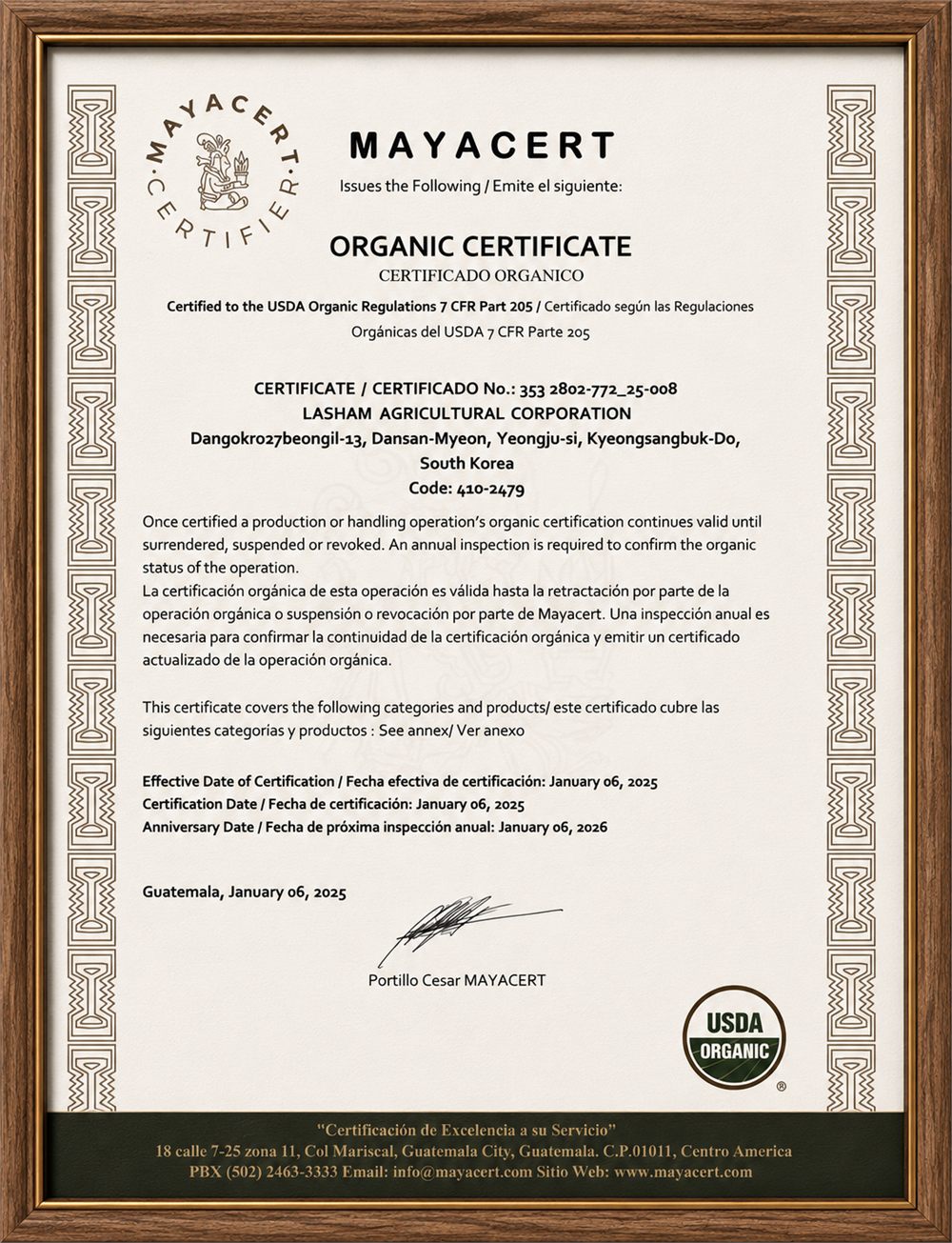 Chứng nhận hữu cơ USDA NOP - MAYACERT cấp cho Lasham Agricultural Corporation